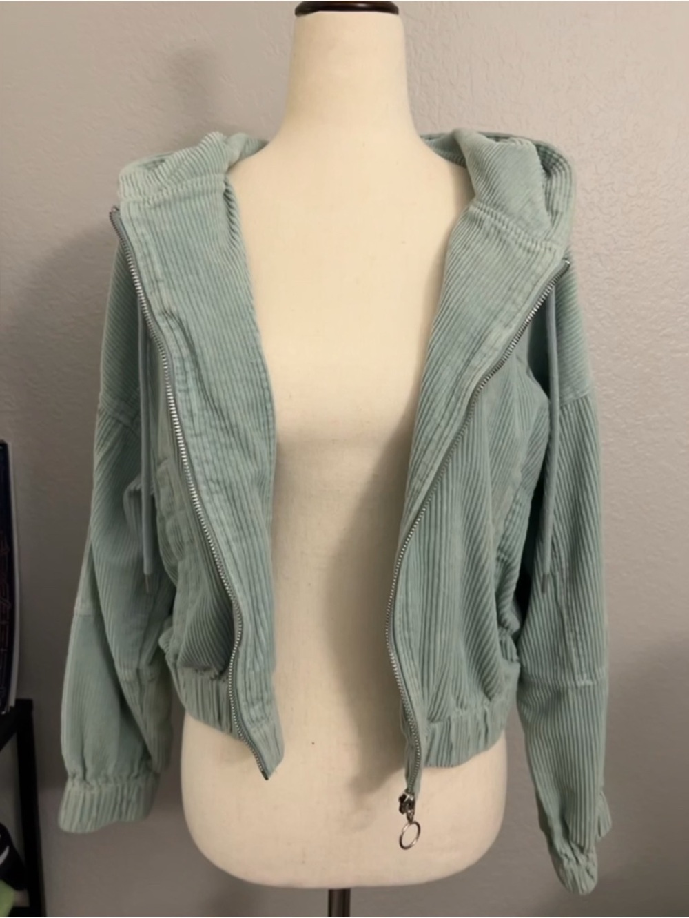 Source Unknown Sage Green Corduroy Hooded Bomber Jacket